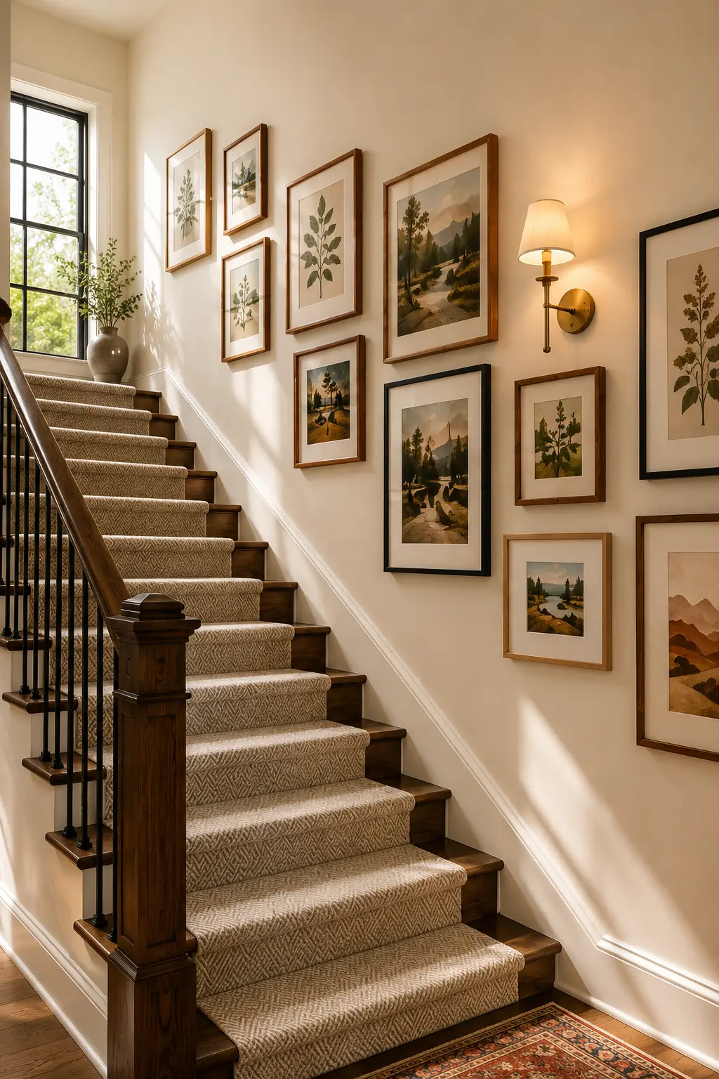 Cozy staircase gallery wall with neutral decor, botanical artwork, wood frames, dark oak stairs, and a herringbone runner in a warm modern farmhouse home.