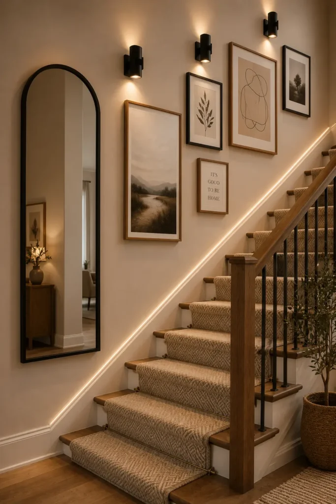 Large arched black frame mirror on staircase wall making narrow space feel open and bright
