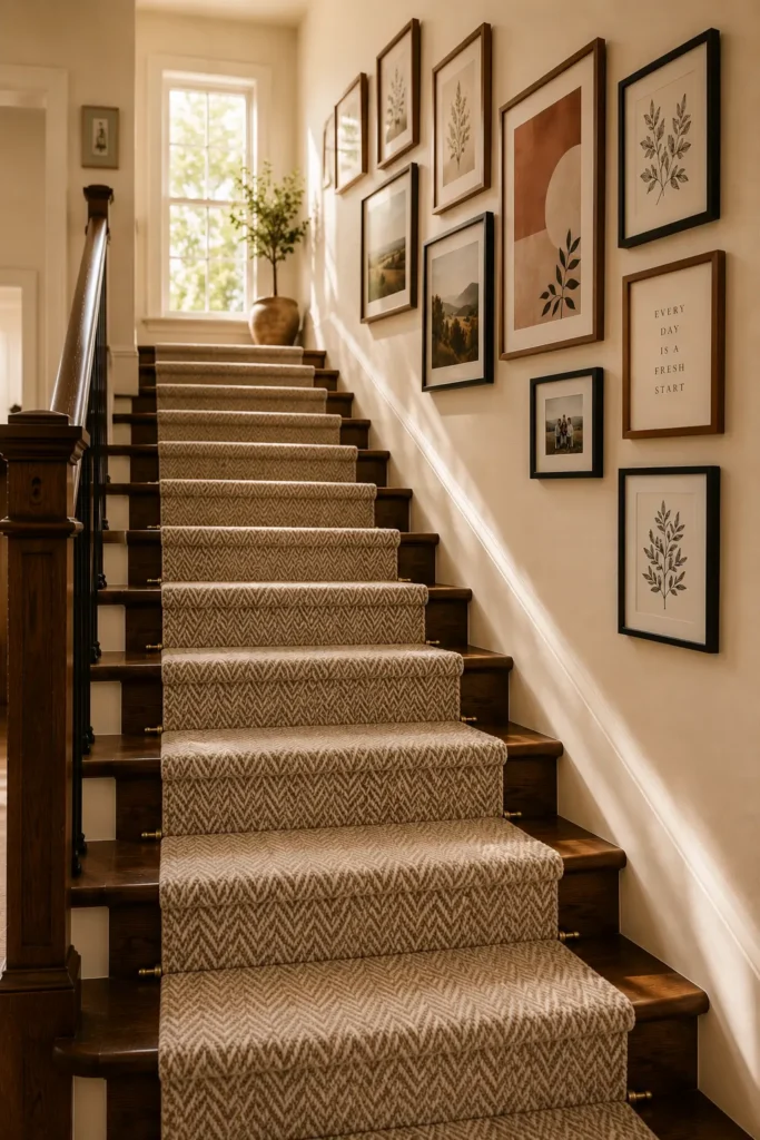 Herringbone stair runner in oatmeal tone on dark oak stairs with exposed wood border
