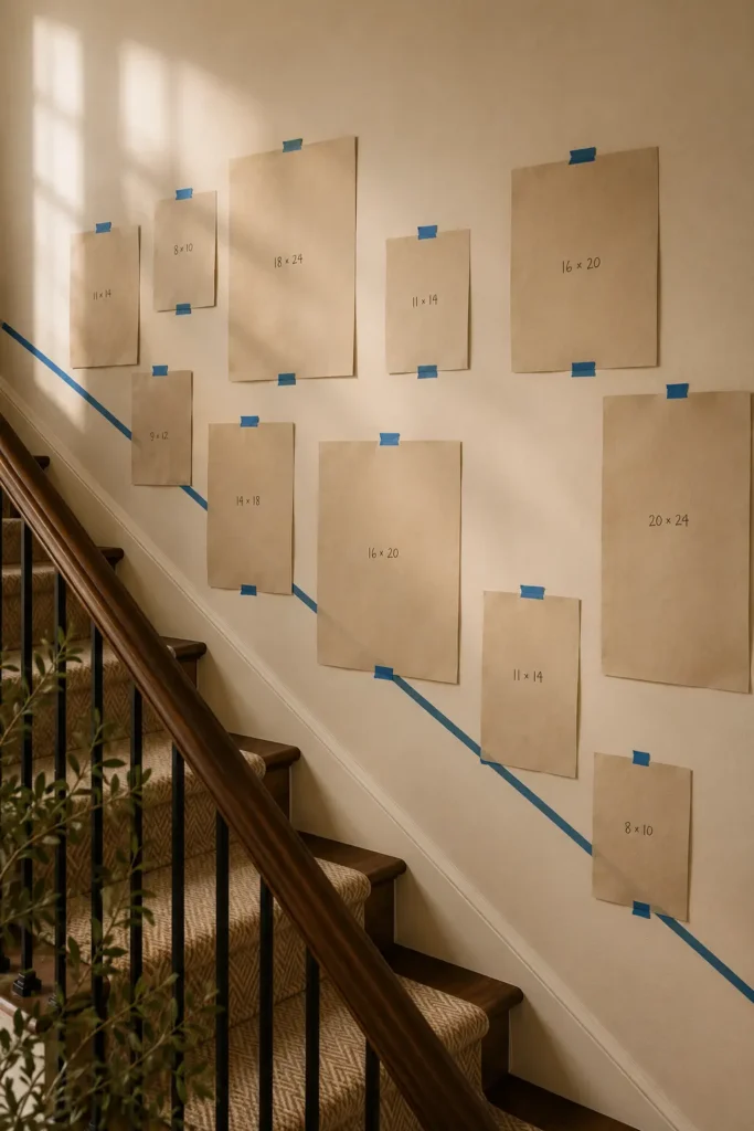Painter's tape centerline on staircase wall showing the diagonal rule for gallery wall placement