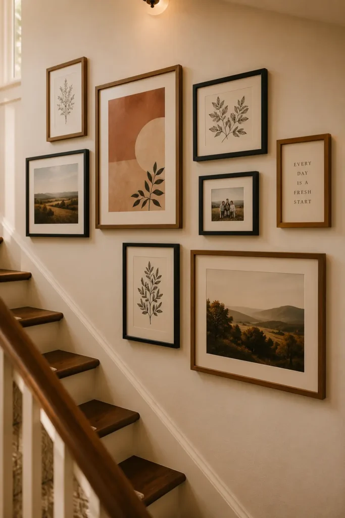 Staircase gallery wall with mixed black and wood frames following the diagonal angle of the stairs