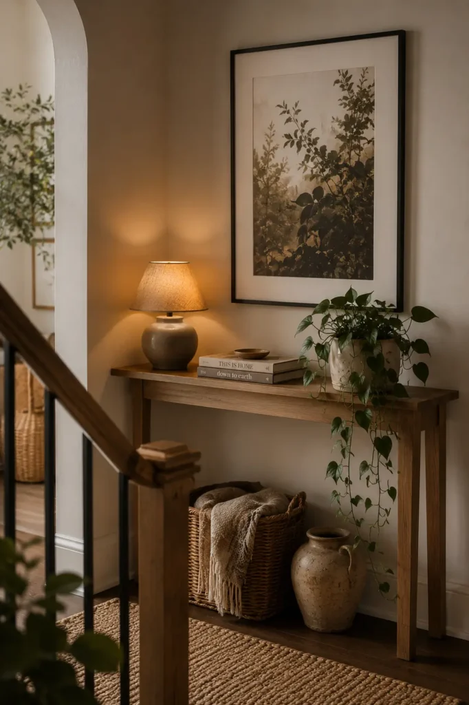 Staircase landing styled with console table, lamp, pothos plant and botanical art print