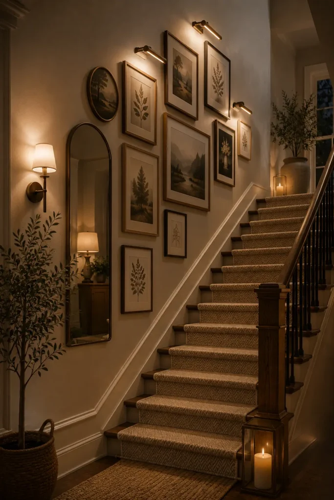 Staircase with two warm wall sconces casting cozy evening glow on gallery wall