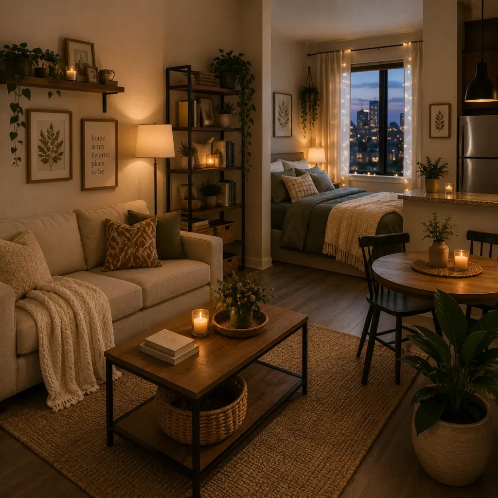 Cozy modern apartment featuring an open-concept living room, stylish bedroom nook, warm ambient lighting, neutral furniture, wooden coffee table, indoor plants, soft textiles, floating shelves, and elegant home decor inspired by handpicked Amazon finds.