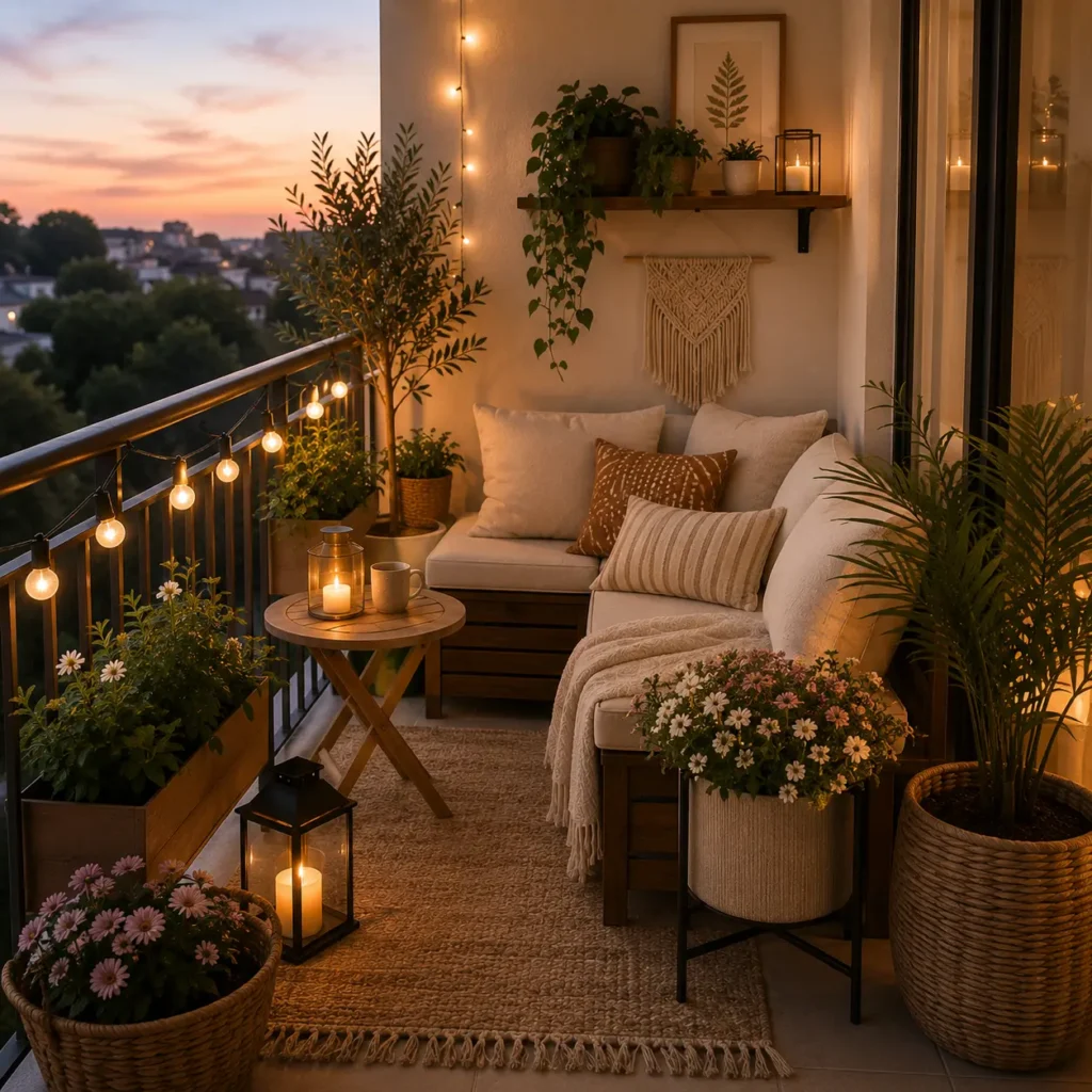 Cozy apartment balcony featuring comfortable outdoor seating, warm string lights, decorative lanterns, lush potted plants, woven rug, wooden side table, soft throw pillows, and relaxing outdoor decor inspired by handpicked Amazon finds.