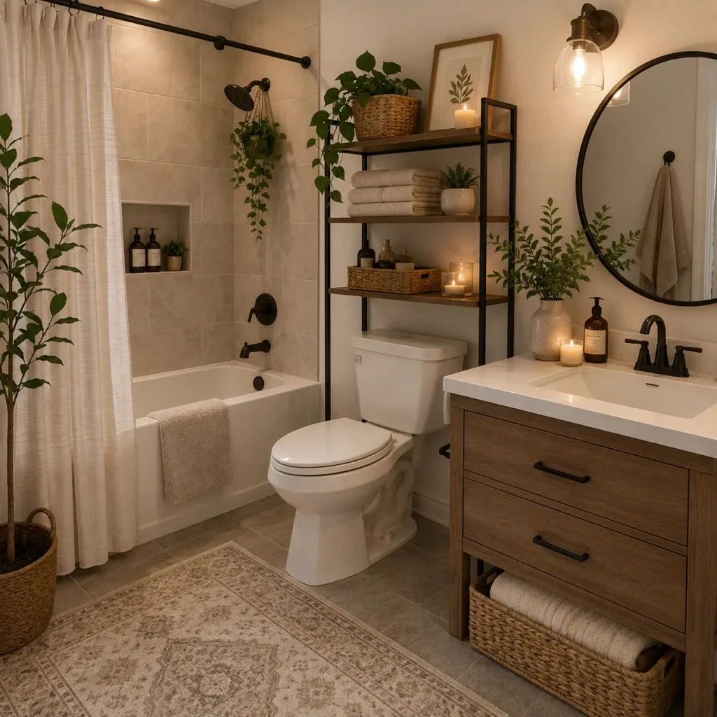 Cozy modern bathroom featuring a wooden vanity, round black framed mirror, warm wall sconces, floating storage shelves, woven baskets, soft patterned rug, indoor plants, bathtub with linen shower curtain, and elegant home decor inspired by handpicked Amazon finds.