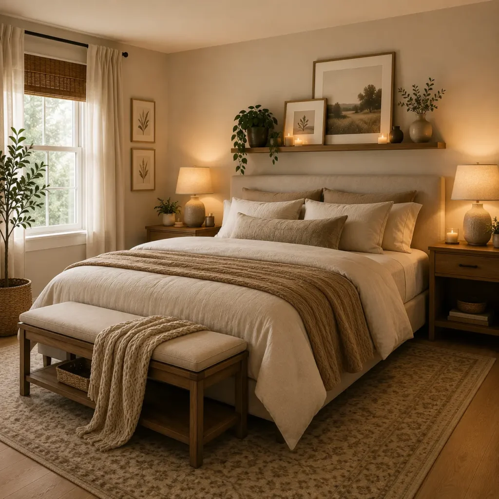 Cozy neutral bedroom featuring a soft upholstered bed, layered cream bedding, decorative throw pillows, wooden nightstands, warm wall sconces, full-length arched mirror, linen curtains, cozy blanket, and elegant home decor inspired by handpicked Amazon finds.