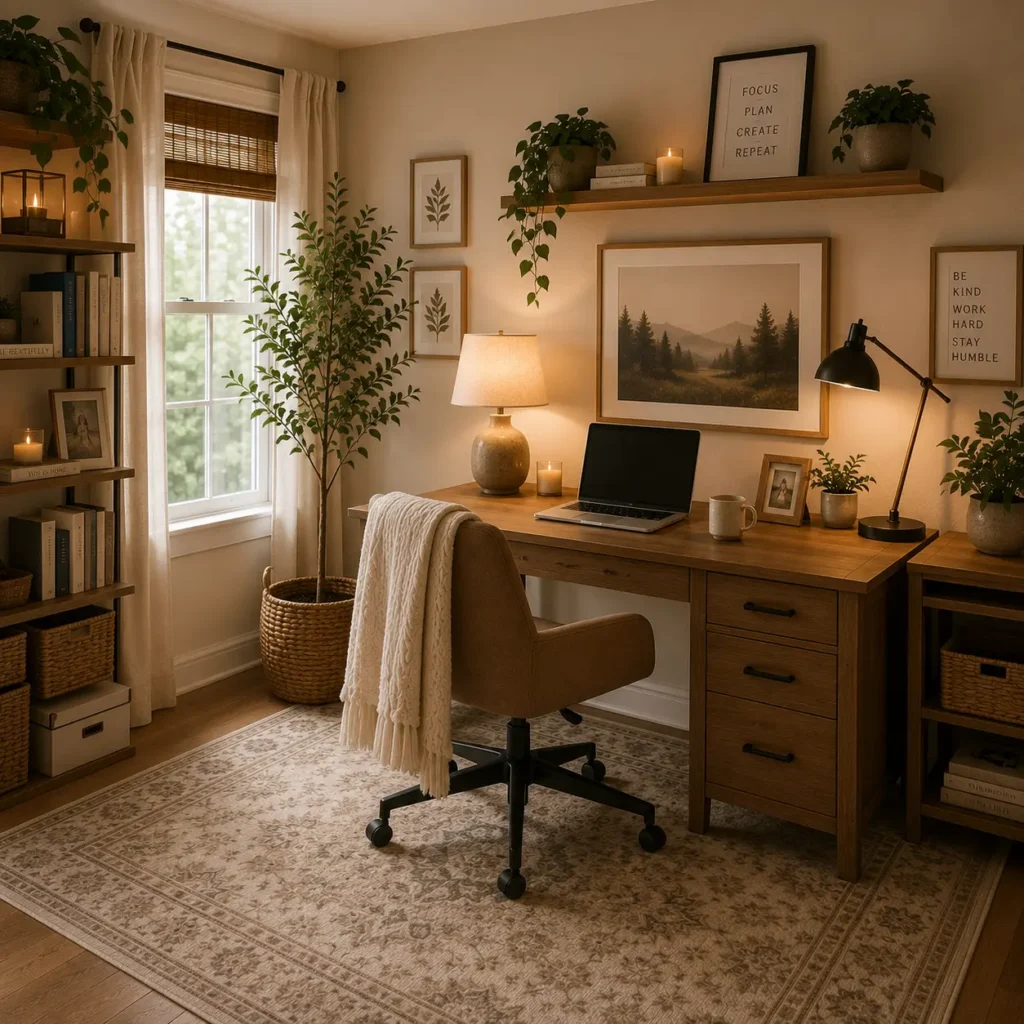 Cozy modern home office featuring a wooden desk, ergonomic office chair, warm table lamp, floating shelves, indoor plants, neutral wall art, woven storage baskets, patterned area rug, and stylish workspace decor inspired by handpicked Amazon finds.