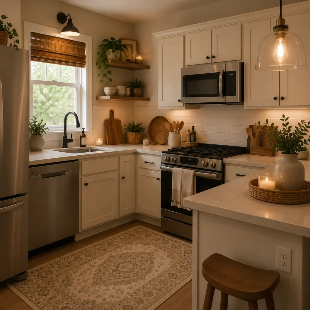 Cozy modern farmhouse kitchen featuring white shaker cabinets, quartz countertops, stainless steel appliances, floating wooden shelves, warm pendant lighting, indoor plants, decorative tray, patterned area rug, and stylish home decor inspired by handpicked Amazon finds.