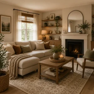 Cozy modern living room with a neutral sectional sofa, wooden coffee table, warm fireplace, floating shelves, indoor plants, and elegant home decor inspired by handpicked Amazon finds.