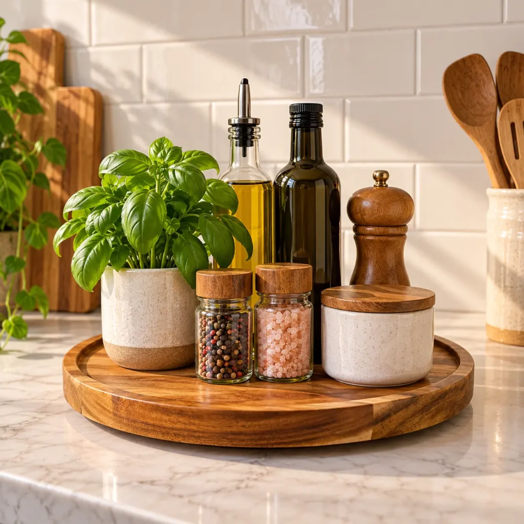 10-inch acacia wood Lazy Susan organizer styled on a cozy kitchen countertop
