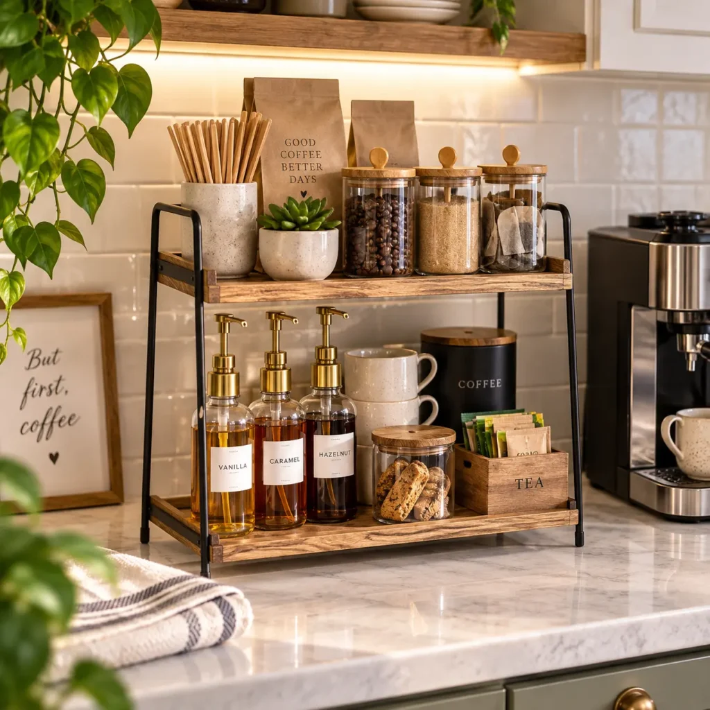 ANBOXIT 2-tier wooden coffee station organizer styled on a cozy kitchen countertop