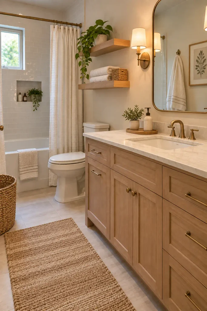 Warm minimalist bathroom with wood vanity, open shelves, neutral textiles, and simple decor