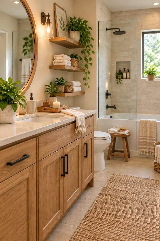 Cozy bathroom with greenery on the vanity, floating shelves, and shower niche