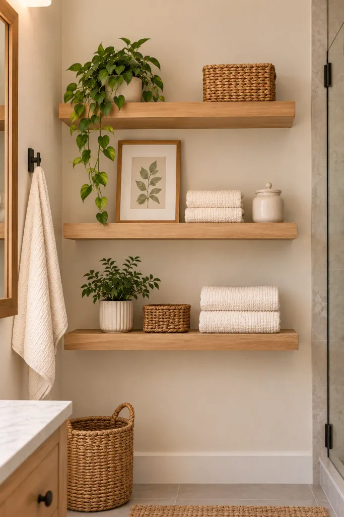 Open bathroom shelves styled with folded towels, woven baskets, greenery, and botanical decor
