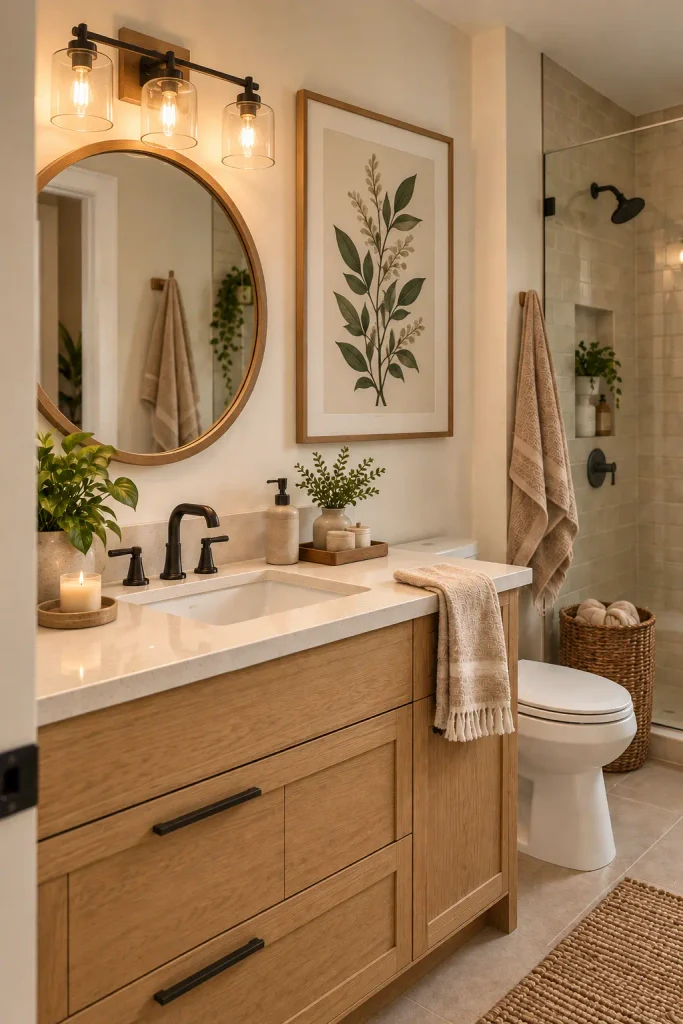 Warm bathroom with framed botanical wall art, wood-framed mirror, and natural wood vanity