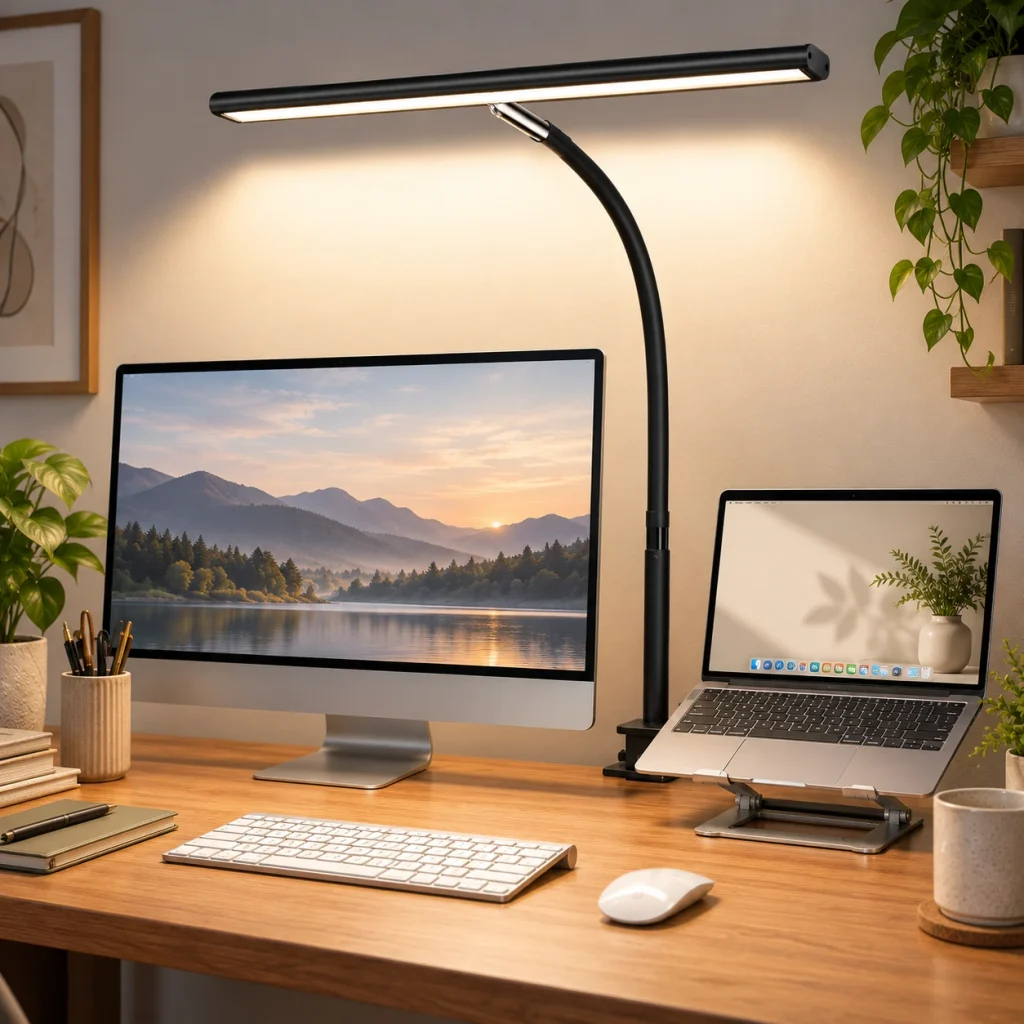 Black clamp-on LED desk lamp illuminating a home office desk with monitor and laptop