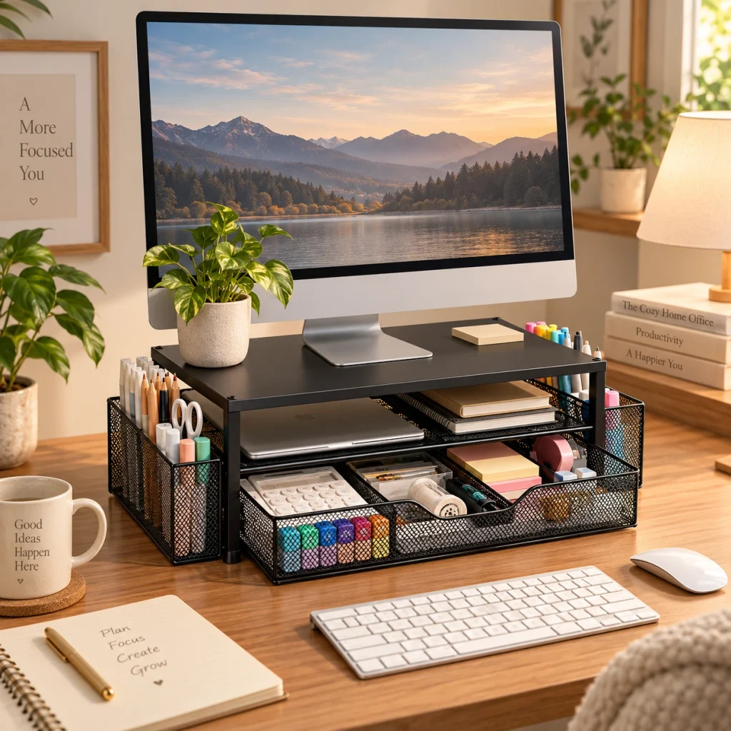 Black mesh monitor stand with drawer and pen holders organizing a cozy home office desk