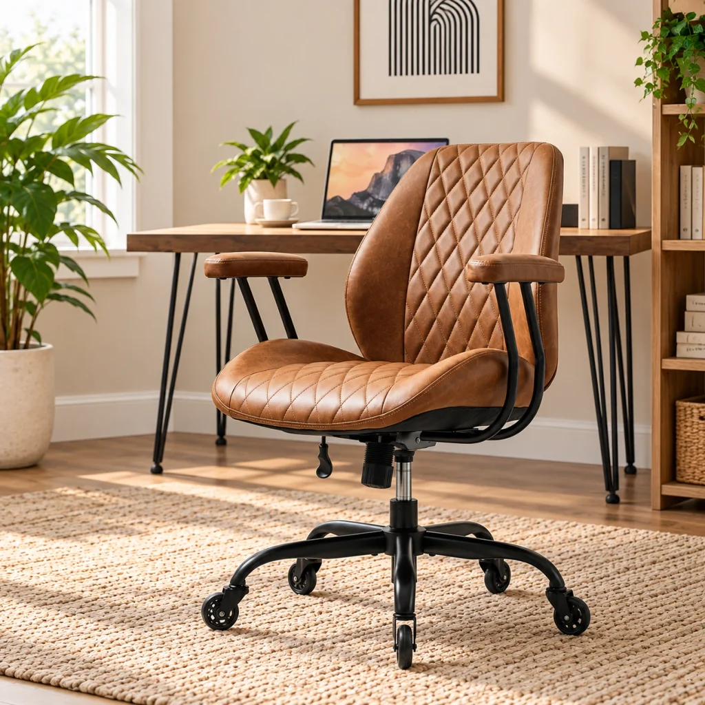 Brown upholstered swivel office chair with padded armrests in a cozy home office