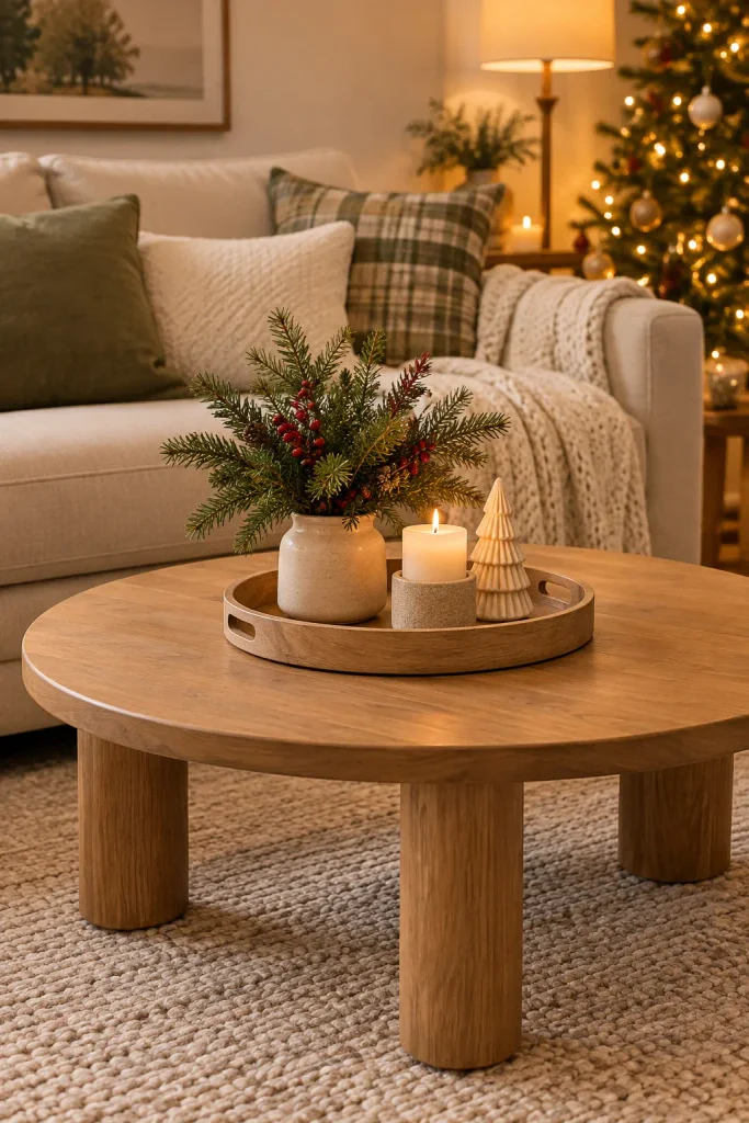 Simple Christmas coffee table decor with greenery, candle and decorative tray