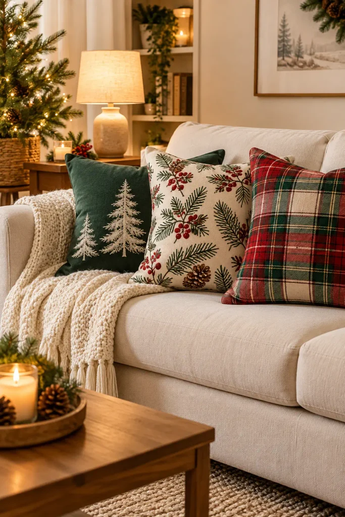Christmas pillow covers on a cozy apartment sofa