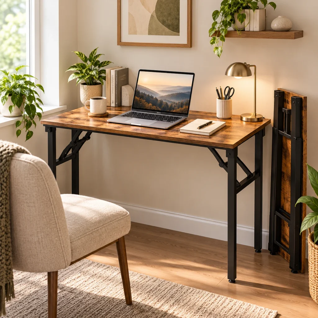 Compact folding desk with rustic wood top styled in a small cozy home office