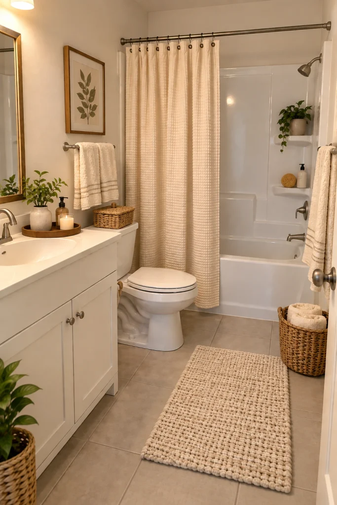 Cozy budget-friendly bathroom with a neutral shower curtain, woven rug, baskets, plants, and simple wall decor