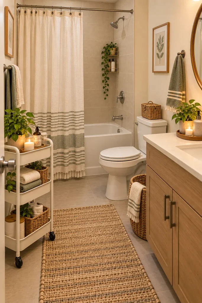 Cozy renter-friendly bathroom with a rolling storage cart, bathtub, warm textiles, and natural wood accents