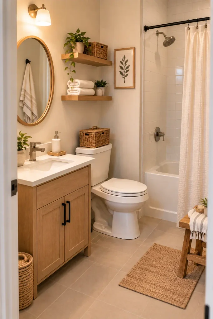 Cozy small bathroom with vertical shelves, compact vanity, bathtub, and warm neutral decor