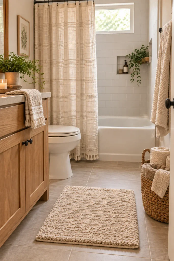 Cozy bathroom with textured bath mat, soft towels, woven basket, and fabric shower curtain