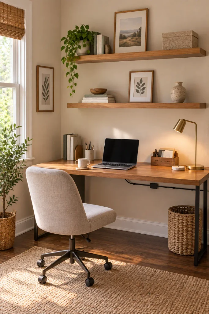 Cozy home office desk with laptop, wooden organizer, desk lamp, plant, and floating shelves