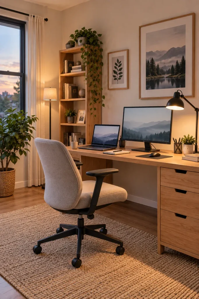 Cozy home office with natural light, a desk lamp, and warm ambient floor lighting