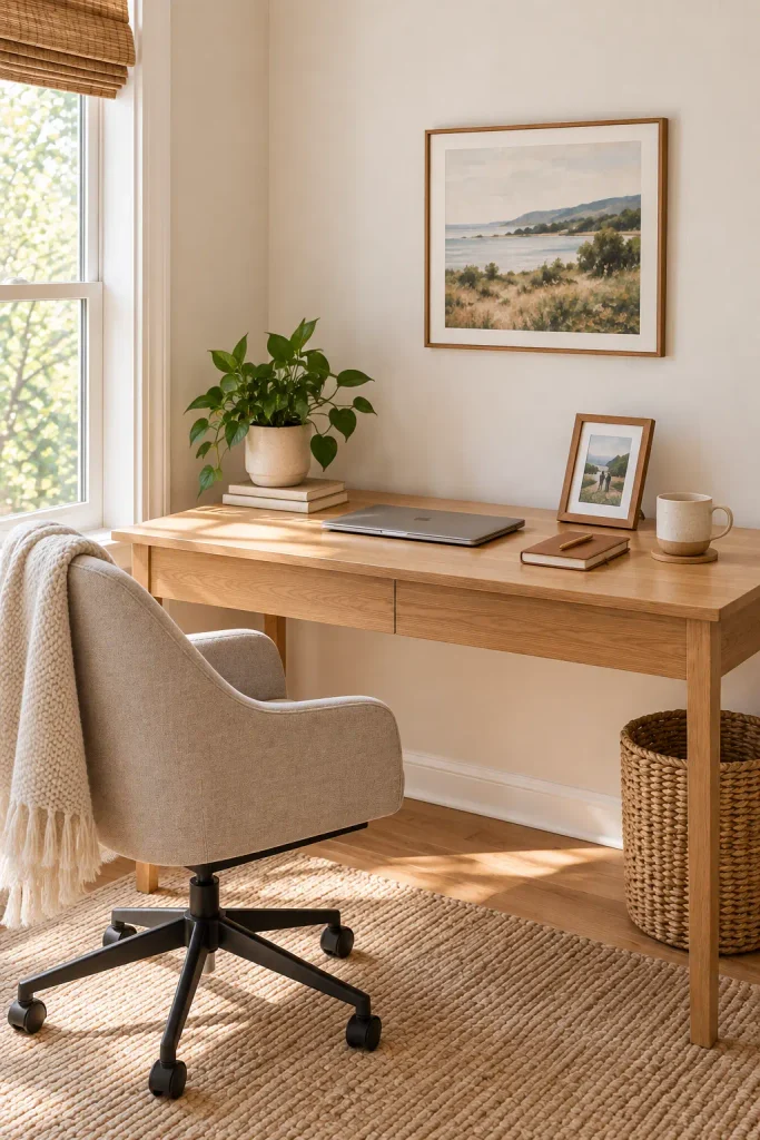 Cozy home office with plant, framed artwork, personal photo, books, and warm wood desk