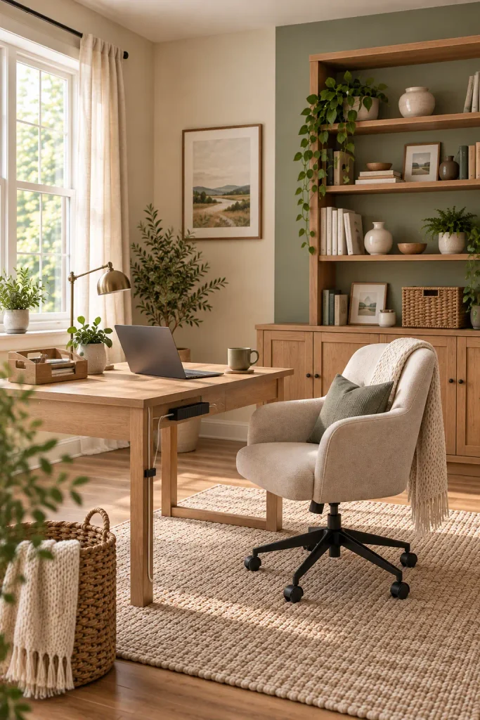Cozy home office with organized desk, wood shelves, storage cabinets, desk organizer, and cable management