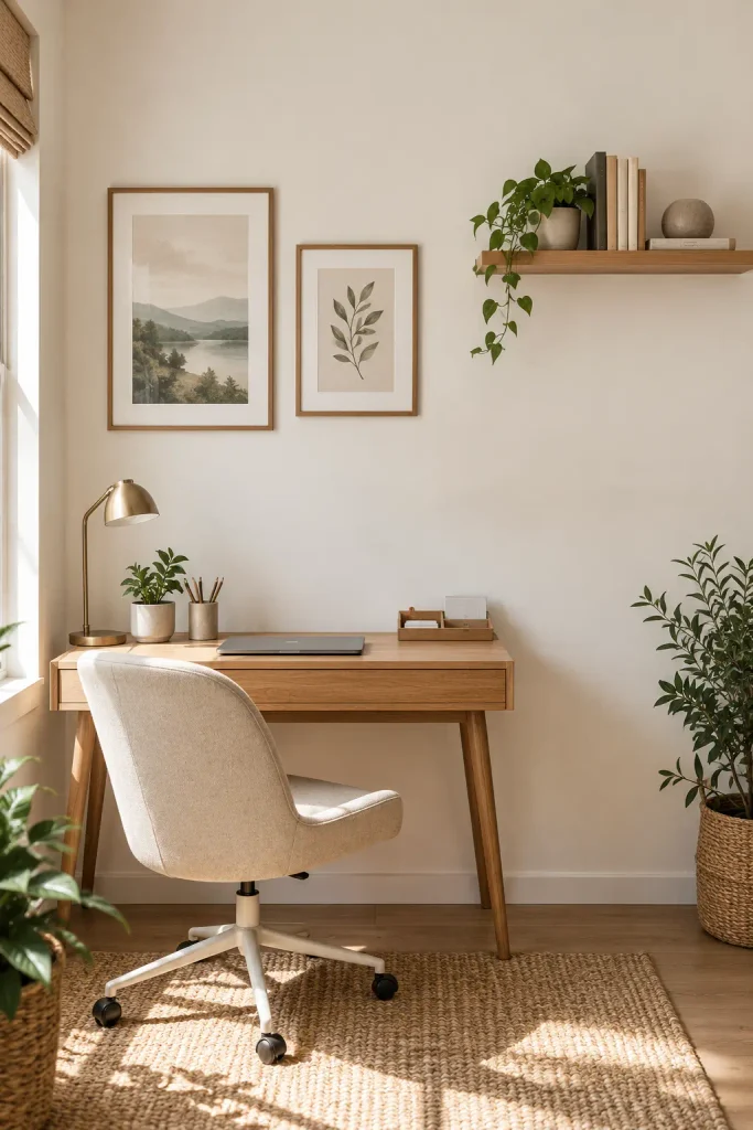 Cozy home office with framed artwork, floating wood shelf, books, plant, and warm neutral decor
