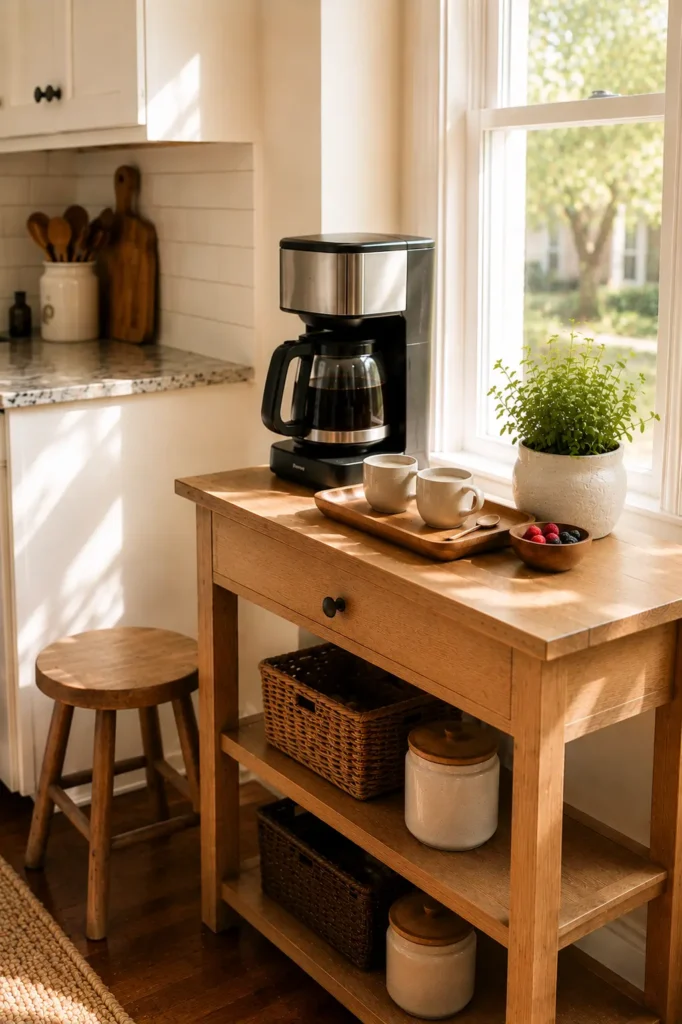 Cozy kitchen coffee and breakfast corner with coffee maker, ceramic mugs, wooden console, and potted greenery by a sunny window
