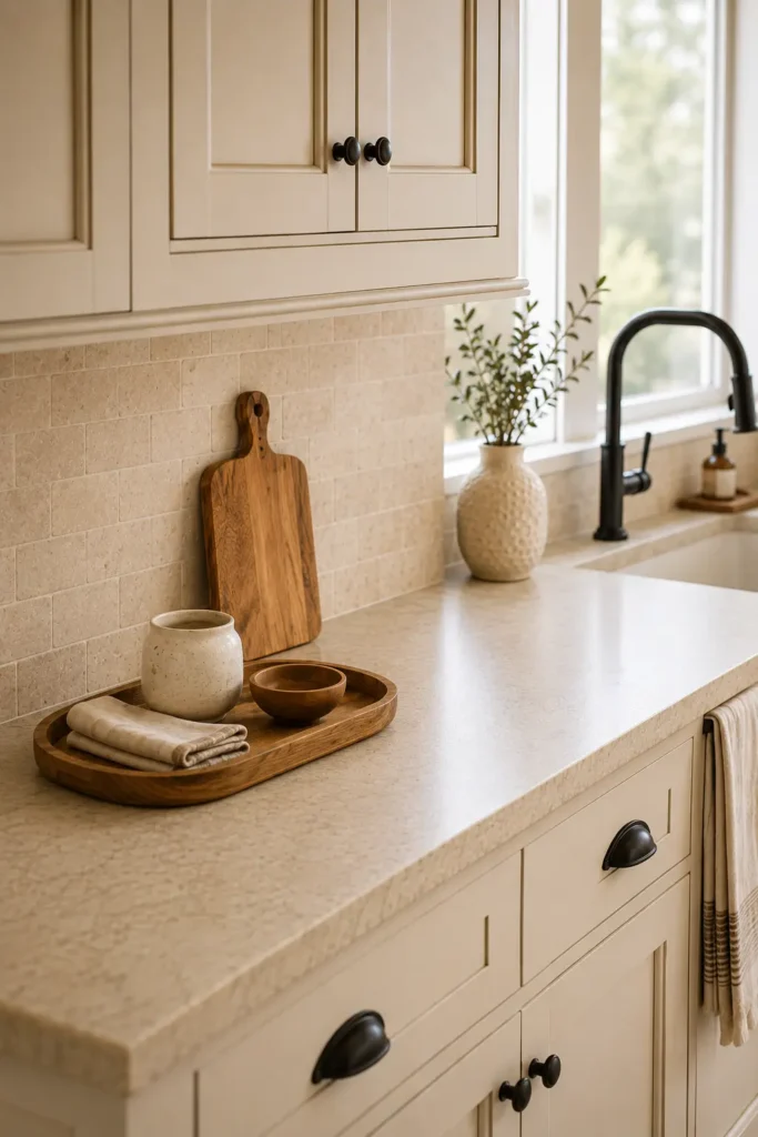 Cozy kitchen countertop styled with a wooden tray, ceramic mug, folded towel, wooden bowl, and cutting board