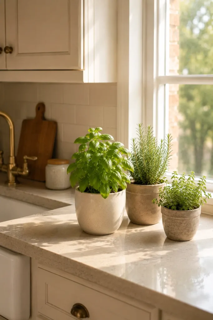 Fresh basil, rosemary, and herbs in ceramic pots on a sunny cozy kitchen countertop