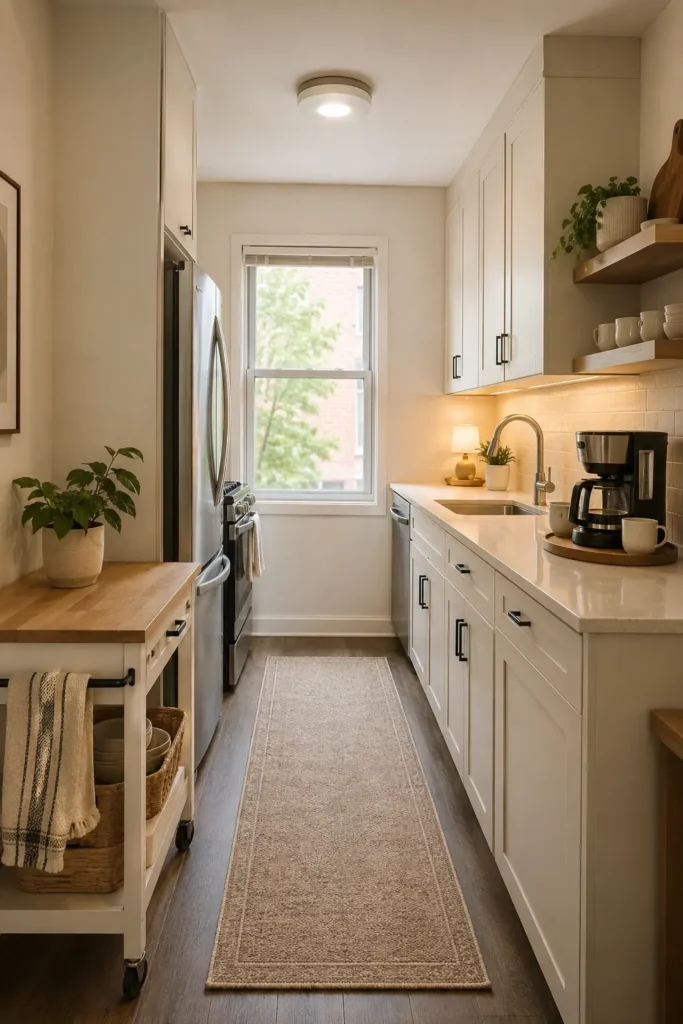 Small cozy kitchen with a neutral runner, warm lighting, white cabinets, open shelving, and natural wood accents