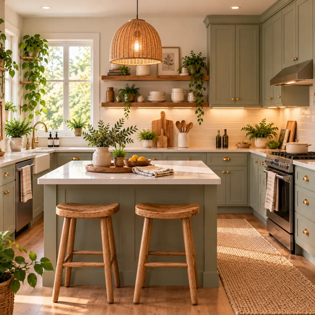 Cozy kitchen with warm green cabinets, natural wood accents, plants, and soft lighting