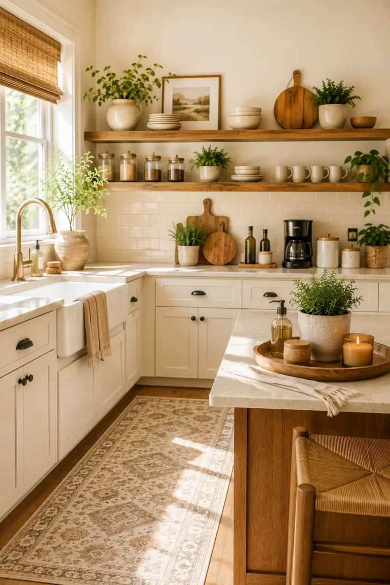 Warm minimalist kitchen with wooden open shelves, brass faucet, farmhouse sink, vintage runner rug, and cozy candle on the counter.