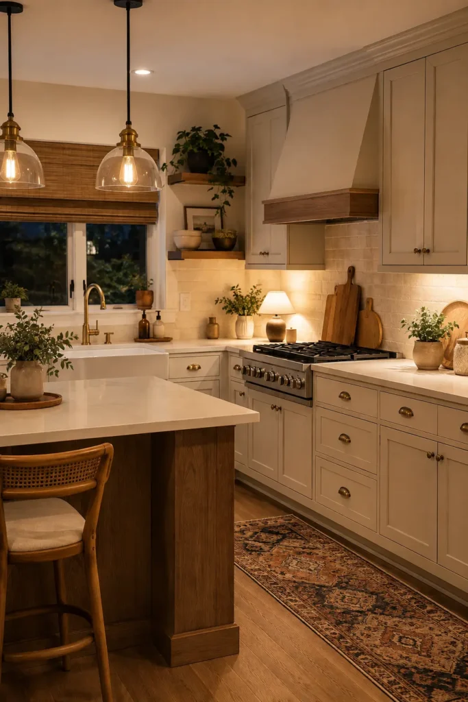 Cozy kitchen with layered lighting from warm pendant lights, under-cabinet lighting, and a countertop lamp.