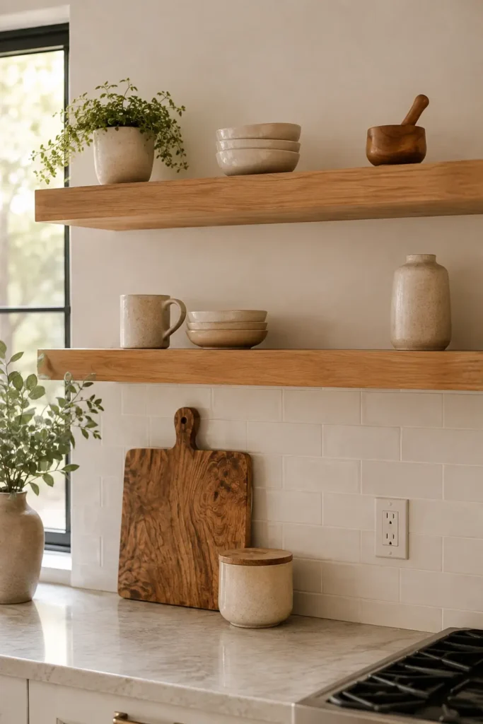 Open kitchen shelves styled with stacked ceramic bowls, a mug, natural wood accents, a potted plant, and decorative pottery.