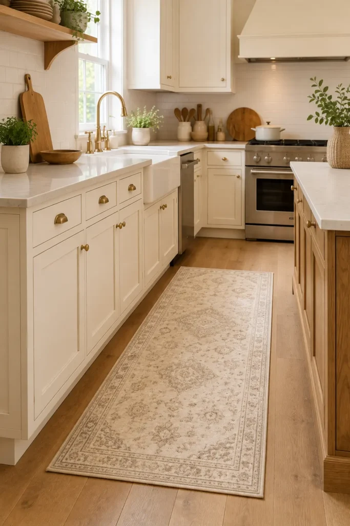 Neutral kitchen runner with a subtle vintage pattern placed along the main kitchen work area.