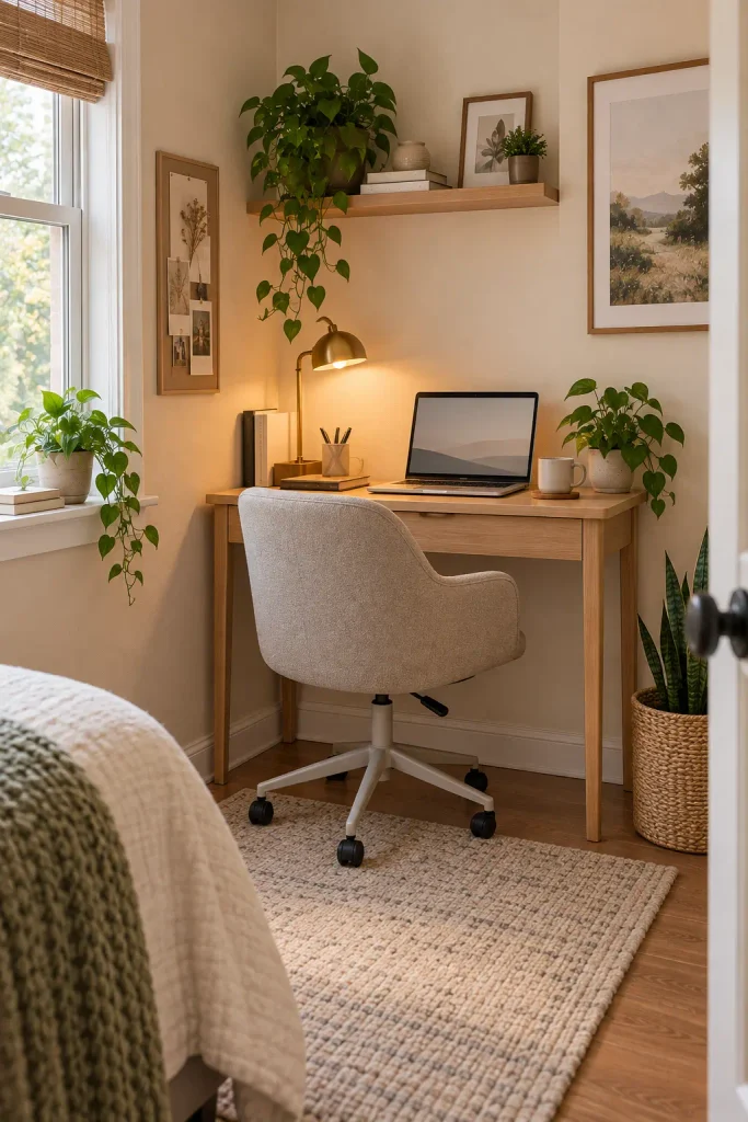Small cozy home office in a bedroom corner with compact desk, floating shelf, rug, and warm lamp