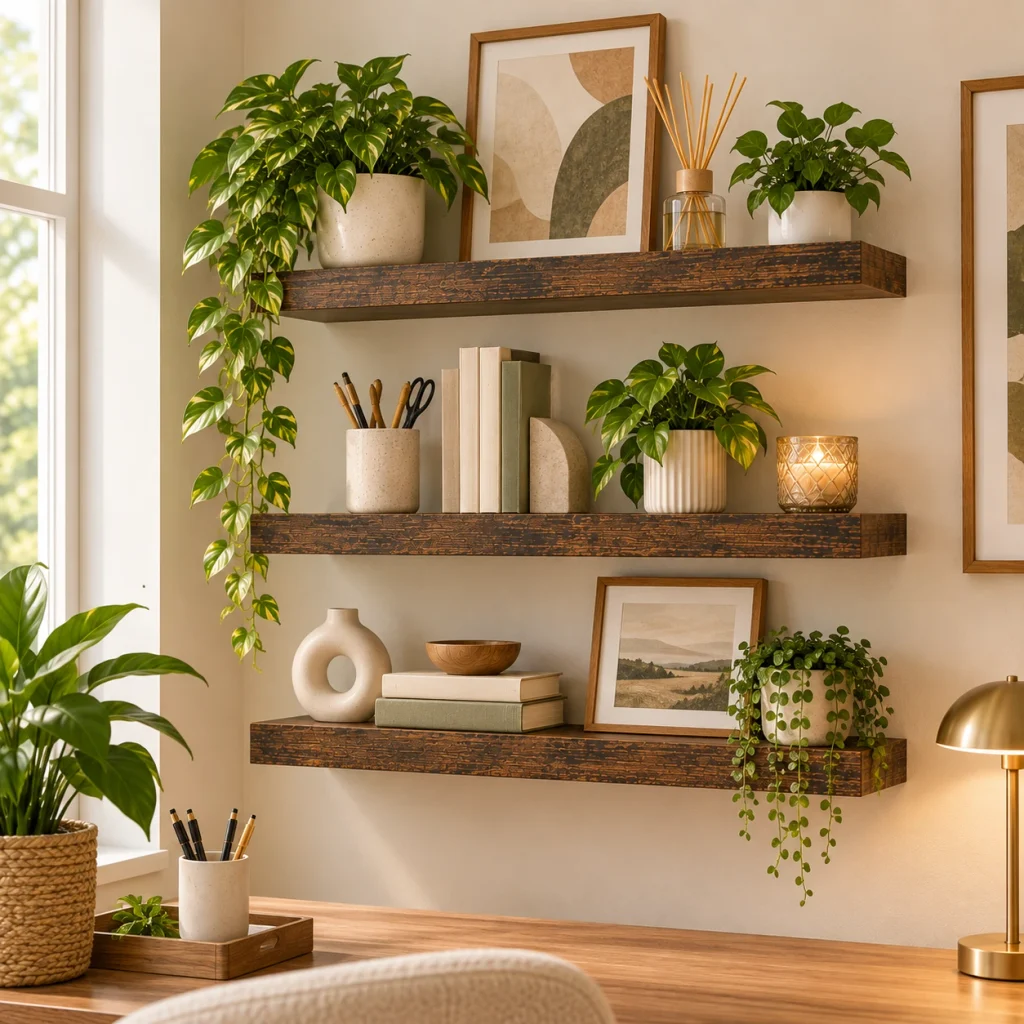Three dark rustic wood floating shelves styled with plants, books, artwork, and office decor