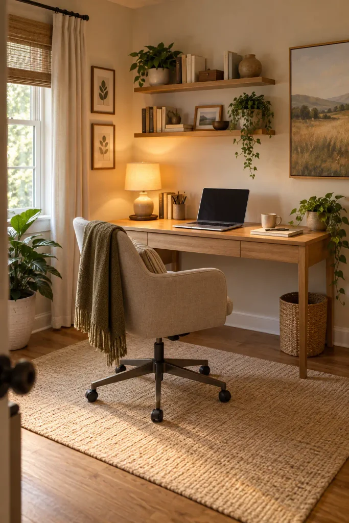 Finished cozy home office with wood desk, warm lighting, organized shelves, rug, and plants