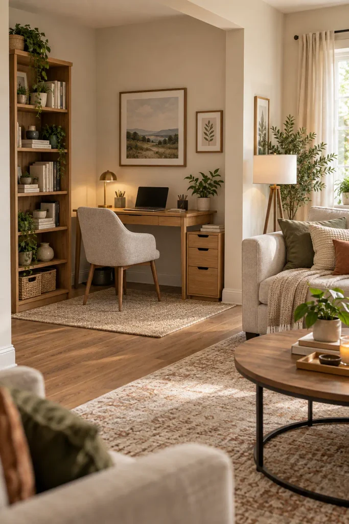 Home office corner in a living room with compact desk, chair, rug, storage, and warm decor