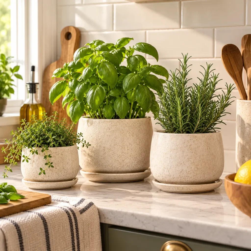 LE TAUCI ceramic herb planters in three sizes styled on a cozy kitchen countertop