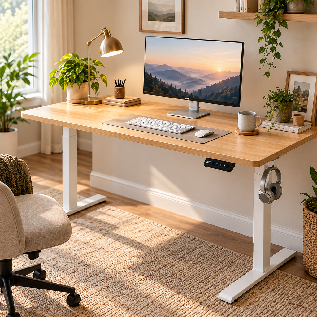 Maple finish electric standing desk styled in a warm home office